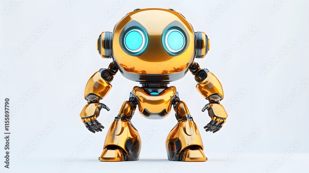 Golden Robot Stands Against White Background Golden Robot Stands Against White Background