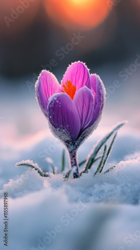 Blooming tulip surrounded by snow on a chilly winter morning