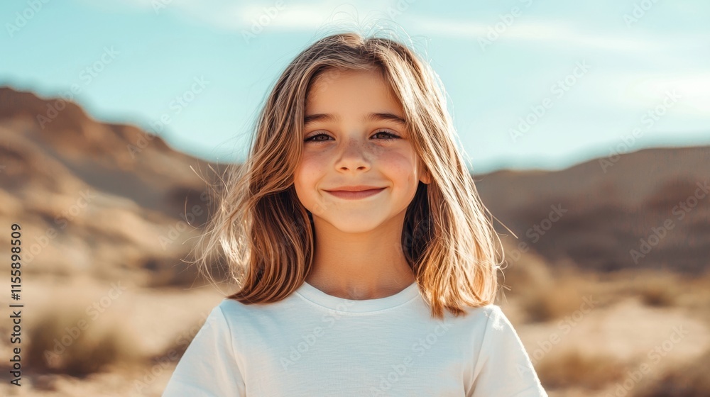 Joyful Girl with Long Hair Smiling in Desert Landscape Under Sunlight Joyful Girl with Long Hair Smiling in Desert Landscape Under Sunlight
