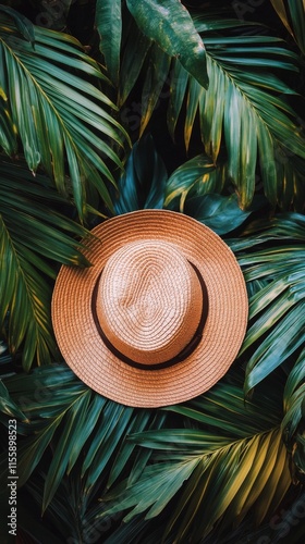 Straw hat placed on vibrant tropical leaves in a lush garden setting