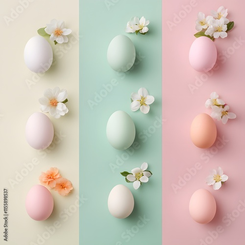 Easter pattern with pastel colorful eggs and spring flowers. photo