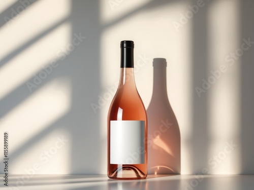 Rose Wine Bottle with Blank Label and Window Shadow Overlay Mockup photo