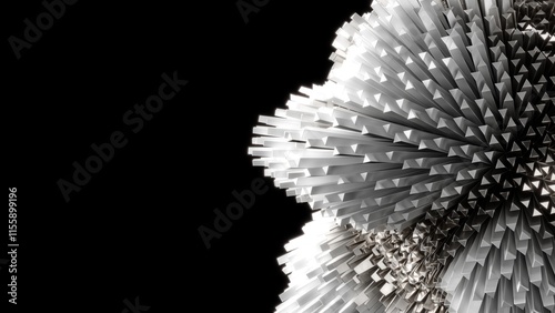 Close-up perspective of complex geometric structure featuring precise triangular extrusions in monochromatic palette. Dramatic diagonal composition reveals intricate layering and depth, combining photo