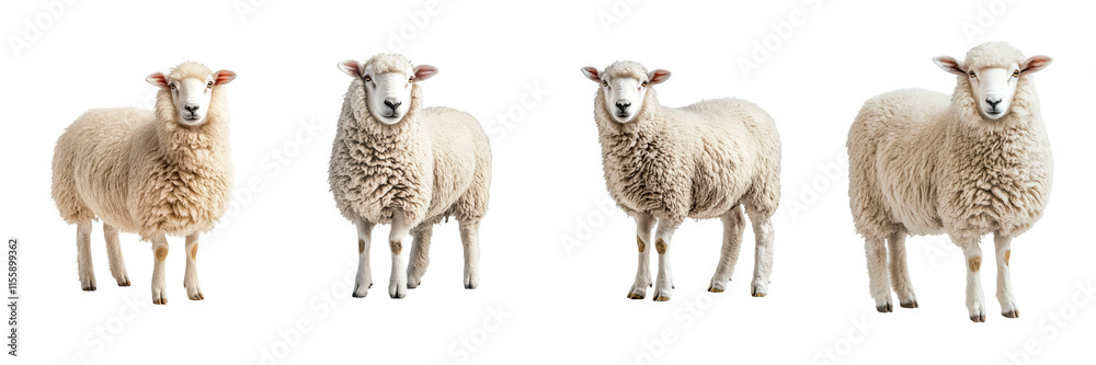 Fototapeta premium Four Sheep in Line, isolated white background, woolly bodies, alert expressions, arranged symmetrically. Isolated on white background or PNG
