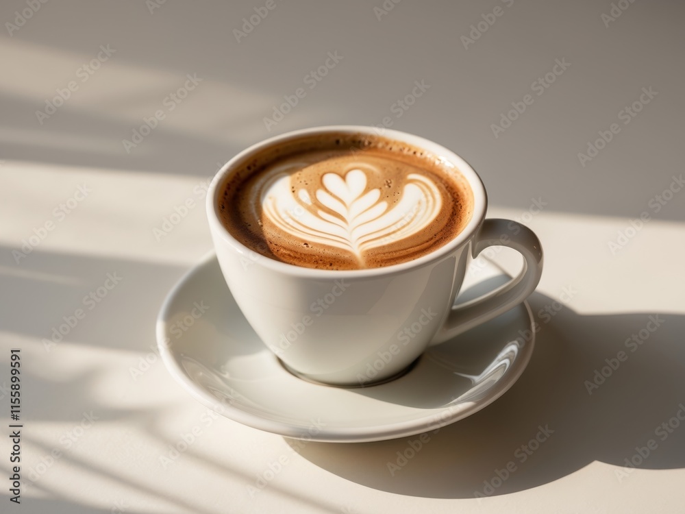 A cup of coffee with latte art in a white ceramic mug on a saucer A cup of coffee with latte art in a white ceramic mug on a saucer