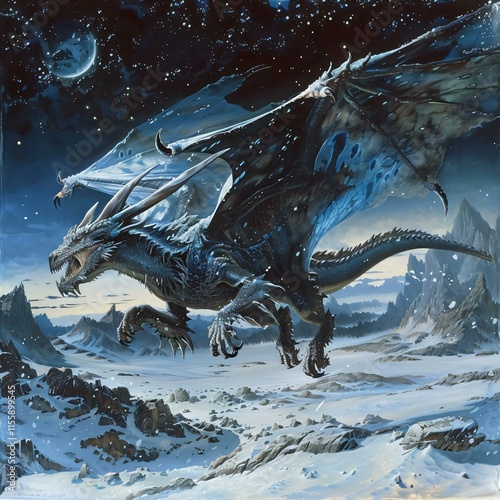 Majestic ice wyvern soars above snowcovered landscape its dark light blue body sharp features formidable sight against starry moonlit sky photo