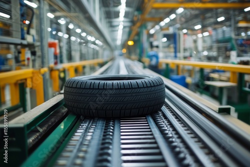Tire moving along conveyor belt in modern manufacturing facility during dayti...