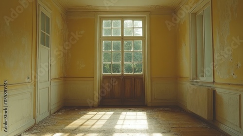 Sunlit abandoned room with peeling paint.