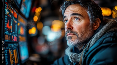 Trader focused on financial data analysis in a busy stock market environment ...