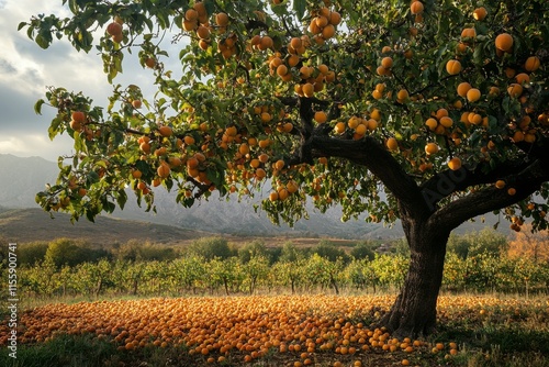 Fruit orchard with abundant apricot trees during early morning hours in a picturesque landscape
