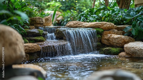 Majestic waterfall cascading into a serene pool surrounded by lush greenery i...