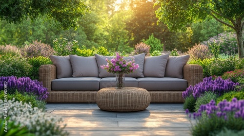 Charming outdoor seating area surrounded by vibrant flowers at sunset