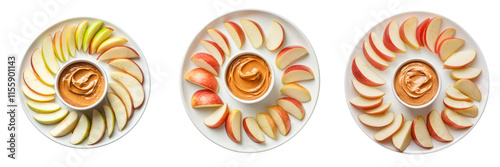 A Set of Snack Plates with Fresh Apple Slices and Peanut Butter Dip for Sharing Isolated on Transparent Background photo