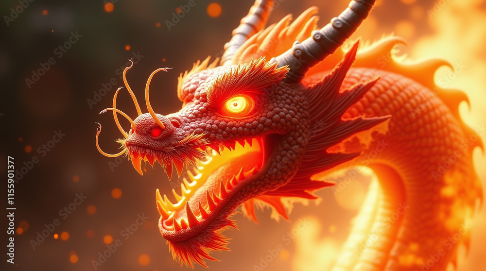 Red Chinese Dragon in Fire Flames Breathing Fire Red Chinese Dragon in Fire Flames Breathing Fire