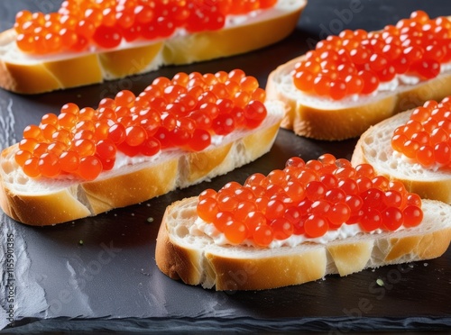 Delicious bread slices topped with vibrant red caviar on a black serving platter photo