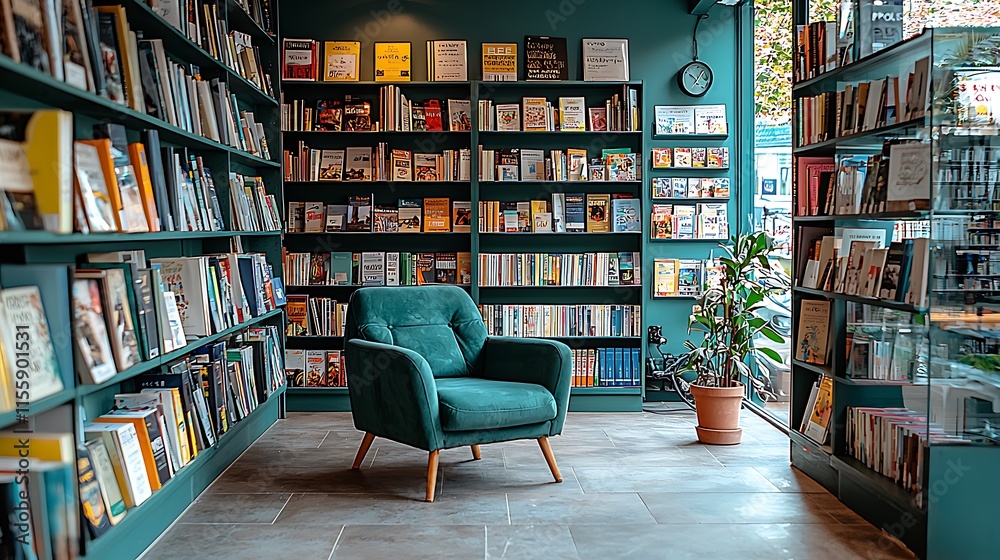 Teal Book Nook With Green Armchair And Plant Teal Book Nook With Green Armchair And Plant