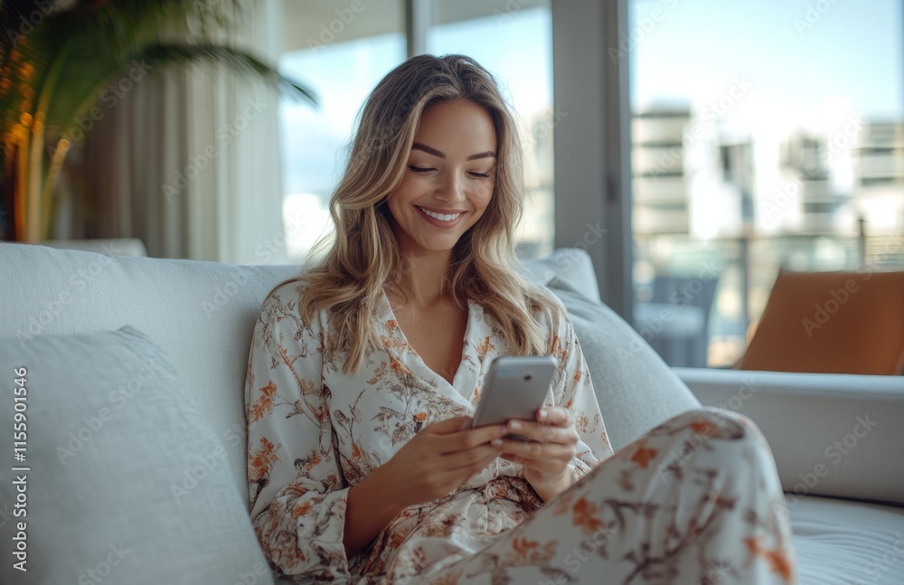 Smiling Woman Using Phone for Hotel Booking Online Smiling Woman Using Phone for Hotel Booking Online