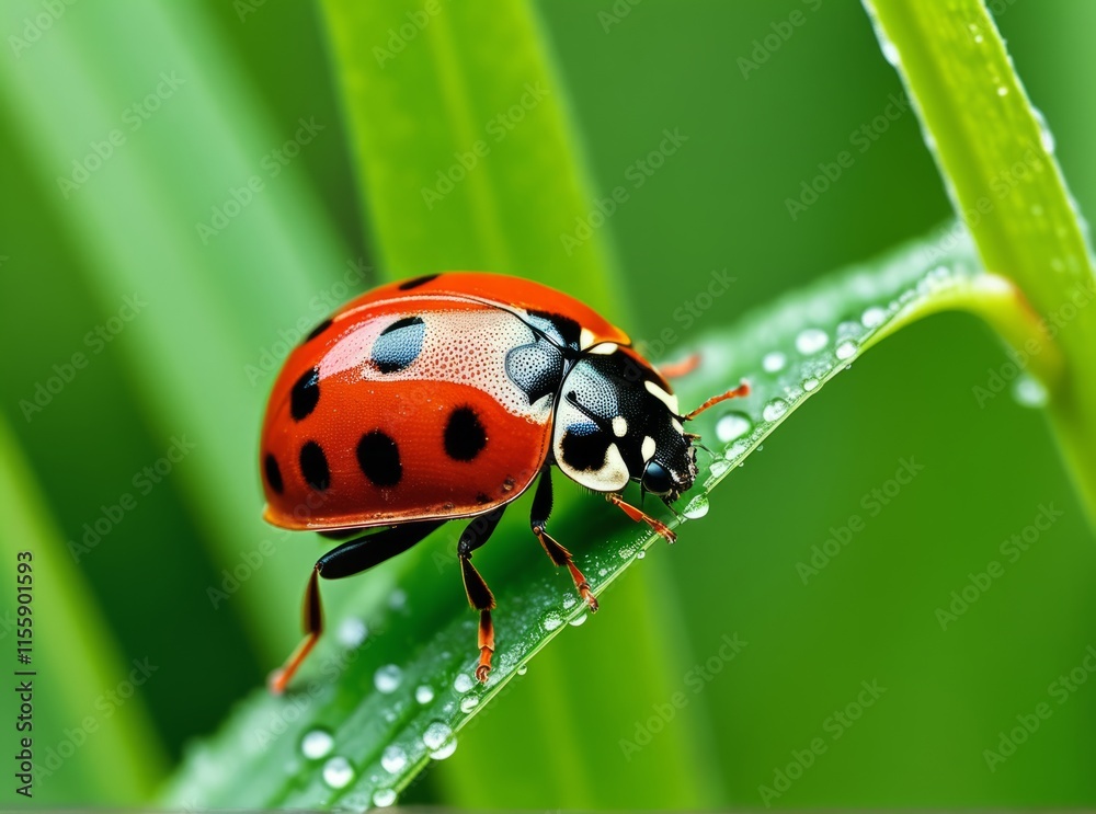 Ladybug on a green leaf with droplets of water glistening in natural light Ladybug on a green leaf with droplets of water glistening in natural light