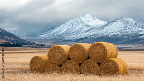 Stacked hay bales in a golden field under a clear blue sky at sunset