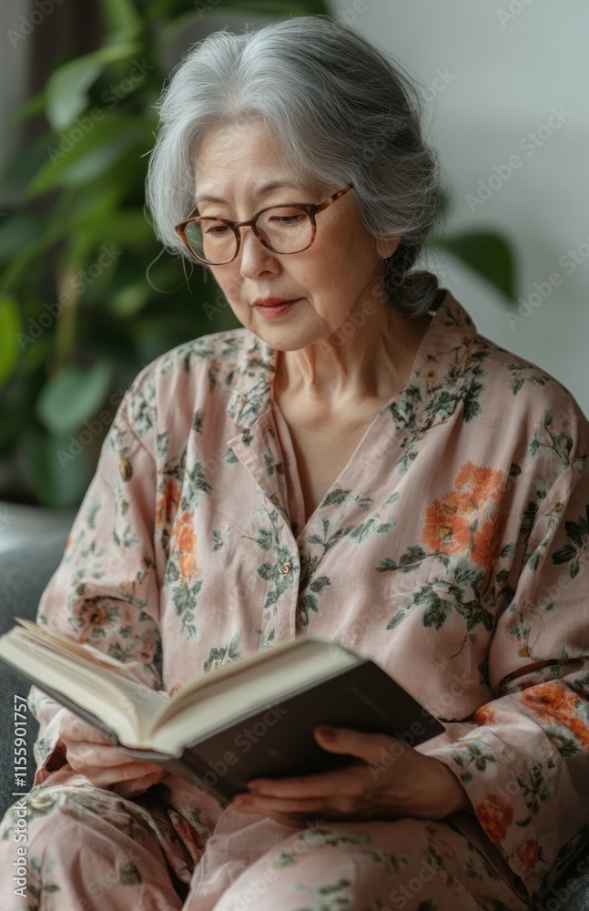 Senior Japanese woman reading a book on the sofa in pink pajamas Senior Japanese woman reading a book on the sofa in pink pajamas
