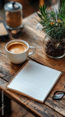 Cozy coffee cup on a notepad with a view of a soft, blurred background