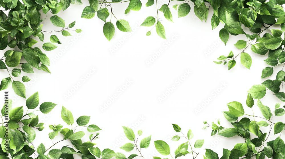 A white background with green leaves surrounding it A white background with green leaves surrounding it
