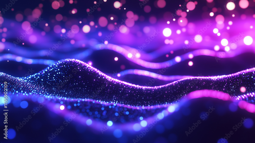 Close-Up of Digital Neuron Network with Glowing Lights and Flowing Data in Futuristic Blue and Purple Color Scheme Close-Up of Digital Neuron Network with Glowing Lights and Flowing Data in Futuristic Blue and Purple Color Scheme