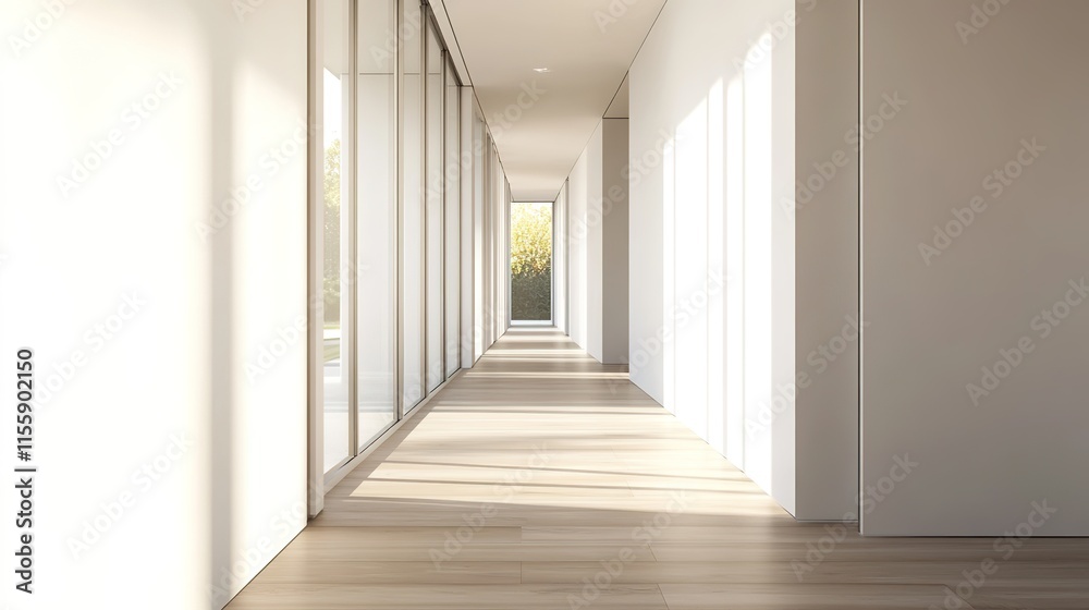 Fototapeta premium Bright corridor features large windows, natural light flooding i