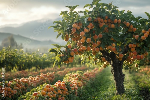 Fruit orchard with abundant apricot trees during early morning hours in a pic...