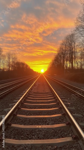 Sunset over railway tracks with silhouettes of trees and clouds in the backgr...