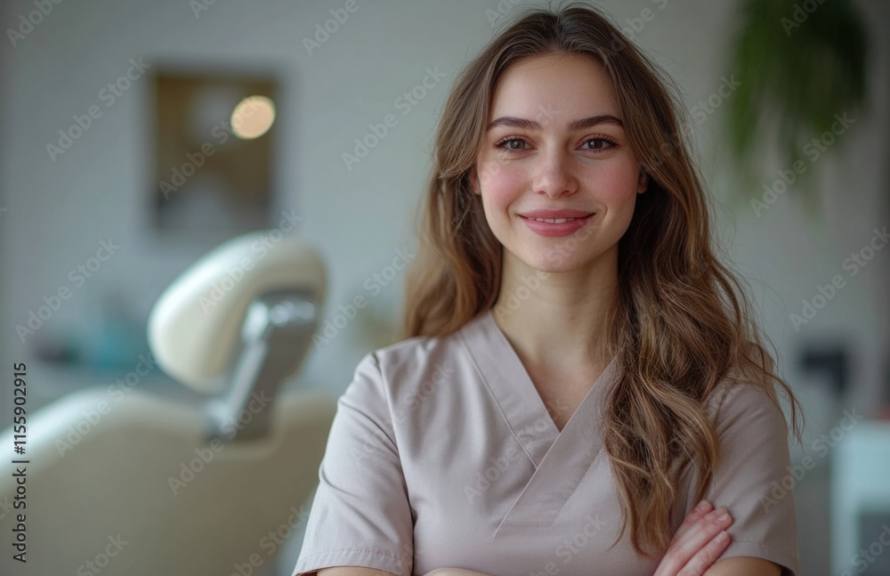 Confident Female Dentist Smiling Near Dental Chair in Clinic Confident Female Dentist Smiling Near Dental Chair in Clinic