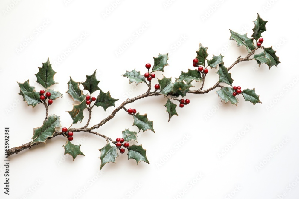 Fototapeta premium Festive Holly Delight: Vibrant Green Leaves and Red Berries on a Crisp White Canvas