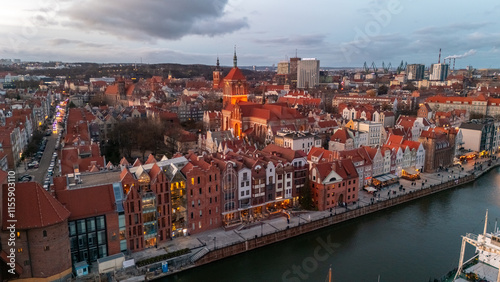 aerial view of gdansk city panorama at sunset in winter in poland