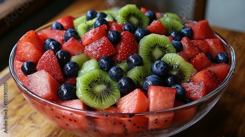 Fresh fruit salad featuring watermelon, kiwi, blueberries, and strawberries i...