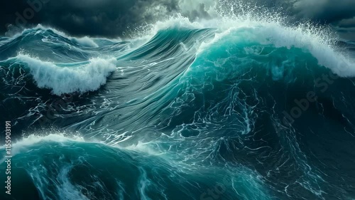 This video showcases a turbulent storm raging in the vast expanse of the ocean, depicting crashing waves and darkened skies, Frantic ocean under hurricane winds