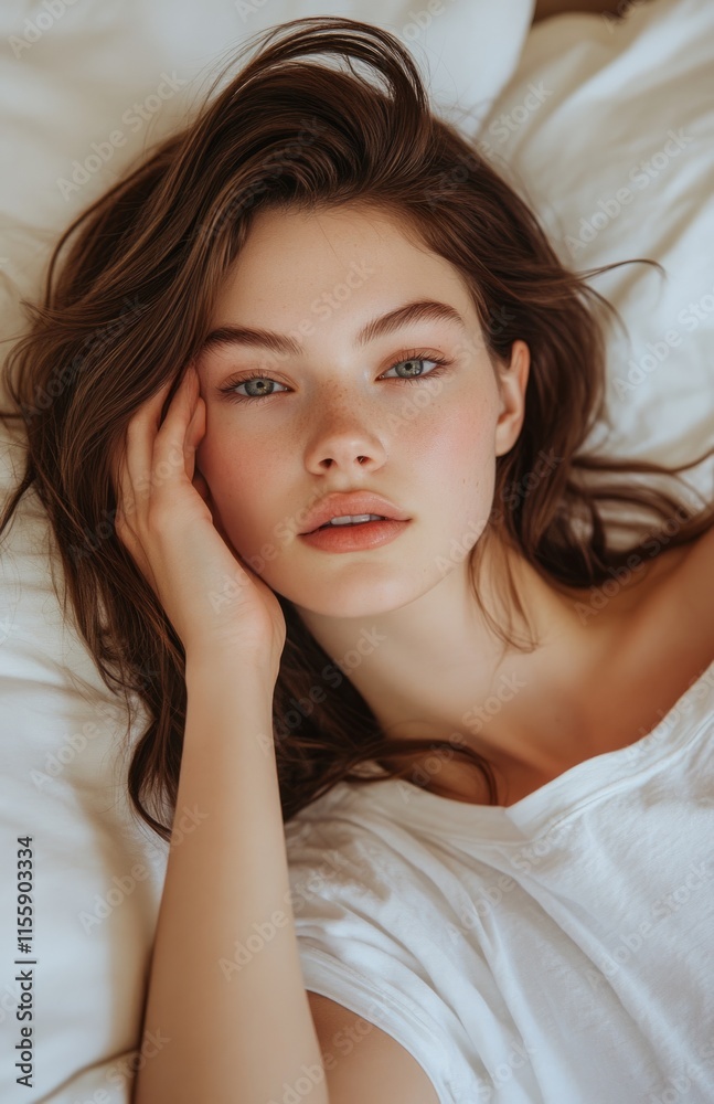 Young woman stretching in bed, touching her face with hand after waking up Young woman stretching in bed, touching her face with hand after waking up