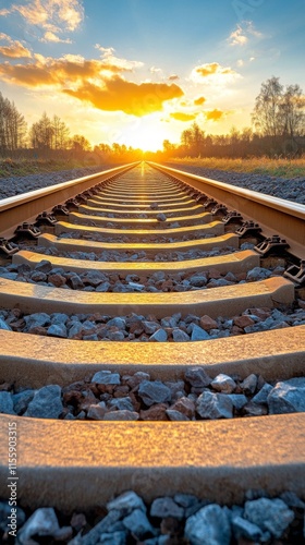 Sunset over railway tracks with silhouettes of trees and clouds in the backgr...