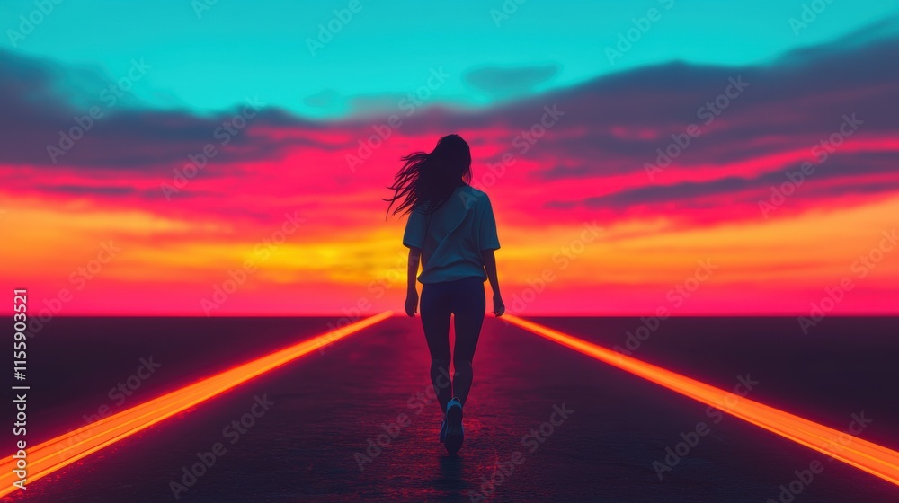 Serene Sunset Walk: Woman Strolling on a Vibrant Pathway Serene Sunset Walk: Woman Strolling on a Vibrant Pathway