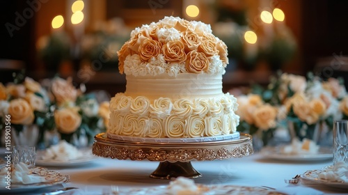 Elegant wedding cake adorned with white flowers and blackberries at a beautif...
