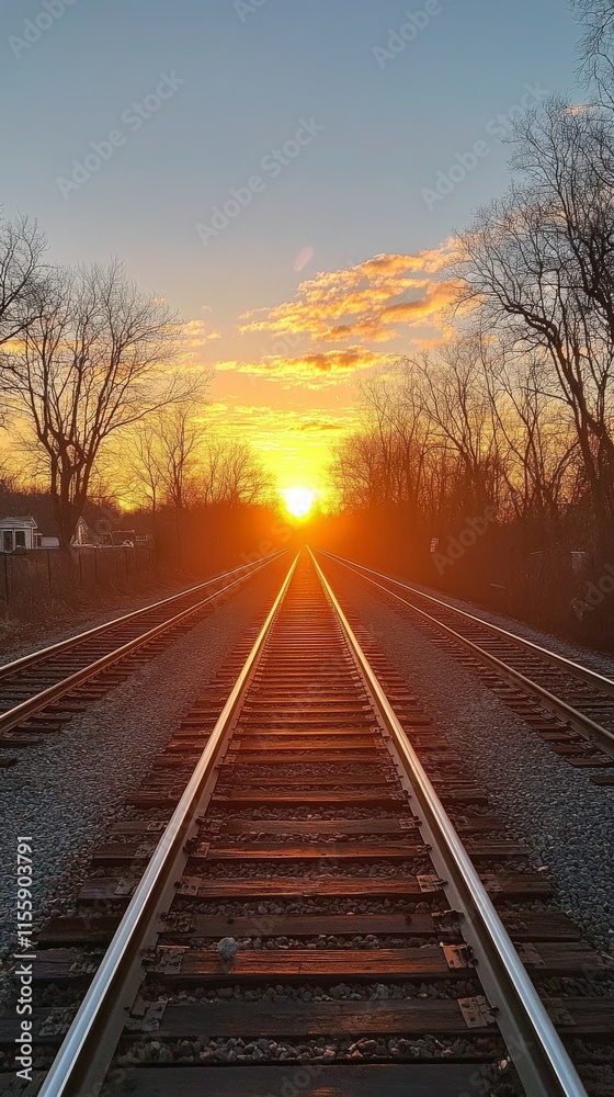 Fototapeta premium Sunset over railway tracks with silhouettes of trees and clouds in the background at golden hour