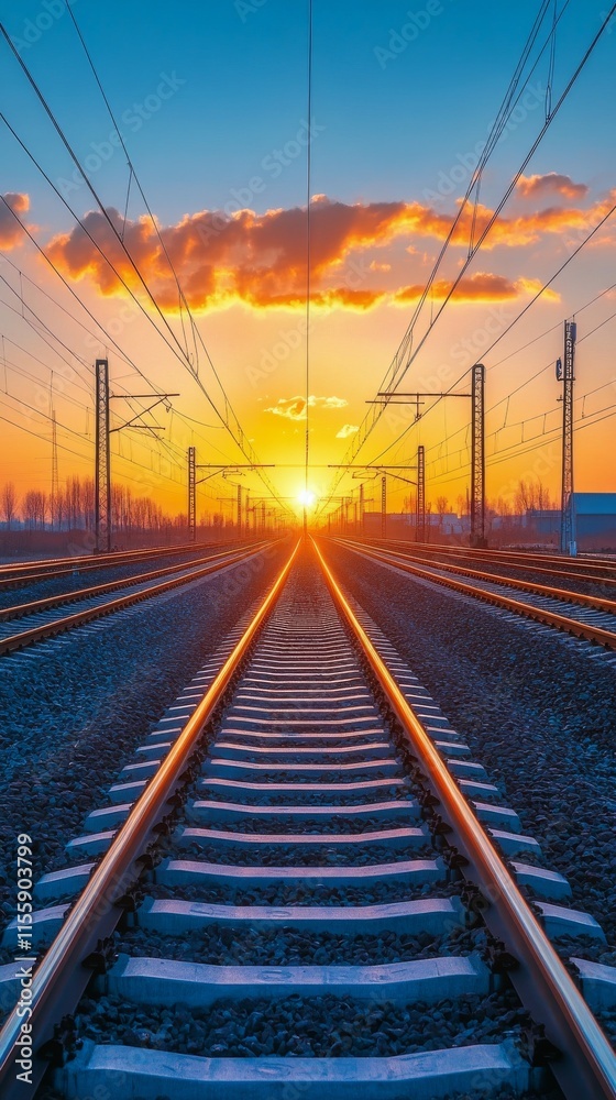 Sunset over railway tracks with silhouettes of trees and clouds in the background at golden hour Sunset over railway tracks with silhouettes of trees and clouds in the background at golden hour