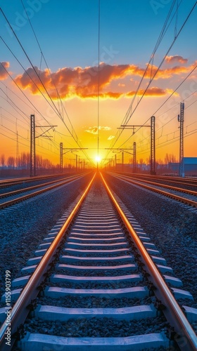 Sunset over railway tracks with silhouettes of trees and clouds in the backgr...
