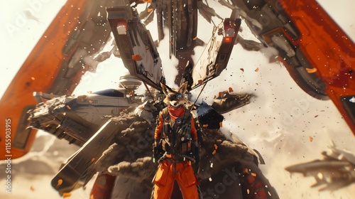 Lone orangeclad warrior stands victorious amidst wreckage futuristic battle holding weapon surrounded partially dismantled robot debrisfilled sky photo