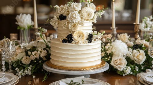 Elegant wedding cake adorned with white flowers and blackberries at a beautif...
