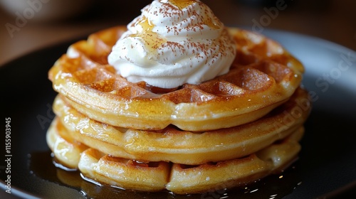 Delicious stack of waffles topped with whipped cream and syrup on a black plate