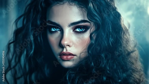 Wallpaper Mural A captivating young woman with enchanting curls gazes intently, enveloped in swirling mist and eerie light, creating an otherworldly atmosphere Torontodigital.ca