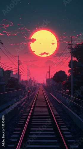 Stunning sunset view at a quiet railway station with tracks leading into the ...