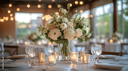 Elegant wedding reception setup with floral centerpiece and soft lighting in ...