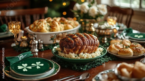 Elegant dining setup with green tableware in a cozy indoor setting during day...