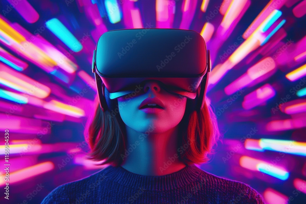 Young Woman Engaged in Virtual Reality with Colorful Lights Surrounding Young Woman Engaged in Virtual Reality with Colorful Lights Surrounding